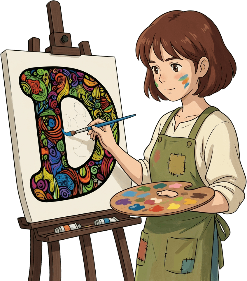 Studio Ghibli artist hand-painting Diffwise logo on easel
