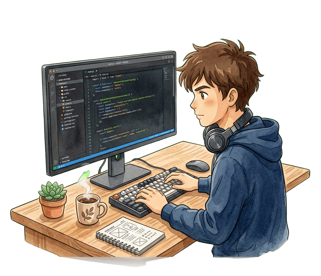 Studio Ghibli modern software engineer in deep flow state looking intently into code display