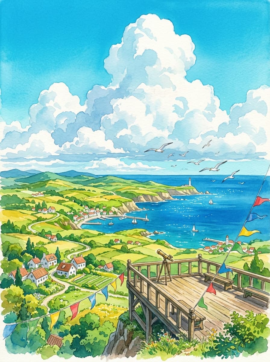 Studio Ghibli sunlit coastal terrace and ocean horizon