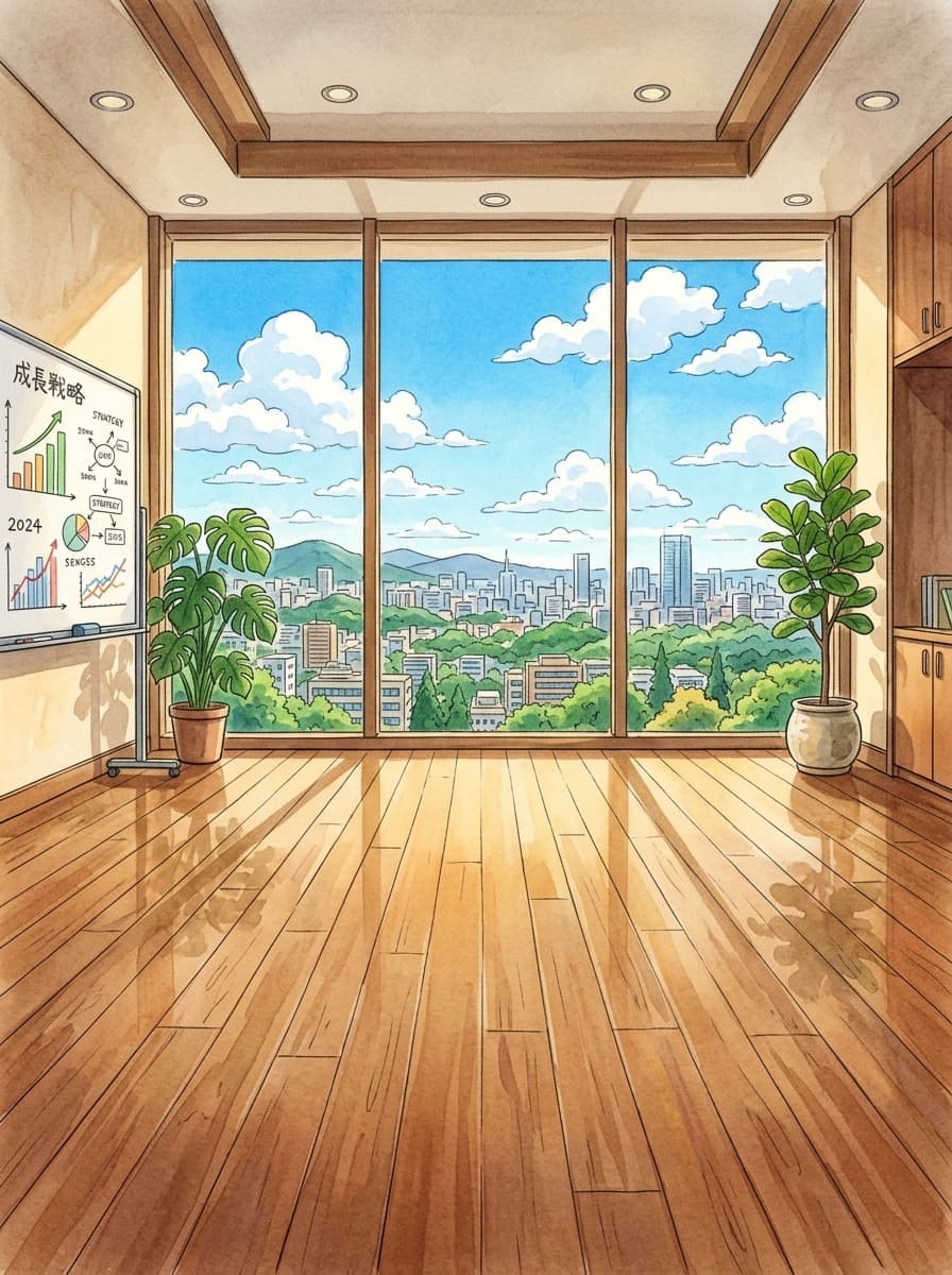 Studio Ghibli executive conference room overlooking vibrant city skyline
