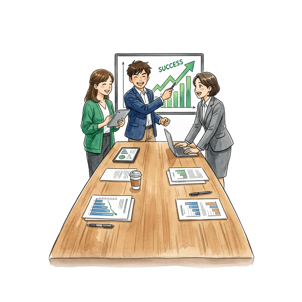 Studio Ghibli team in modern conference room reviewing explosive growth chart rocketing up